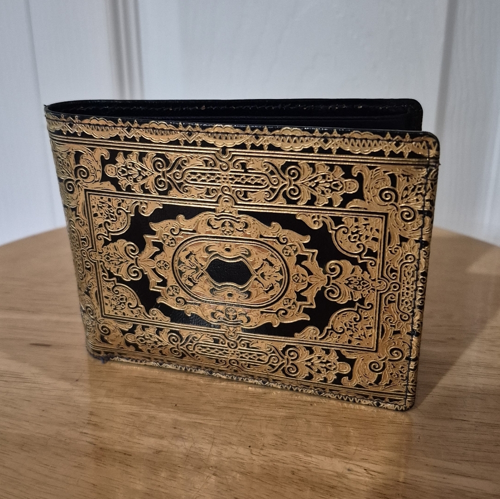 Vintage Dark Blue Patent Leather Wallet With Gold Embossed Details